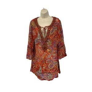 Drama Too! Womens Swimsuit Cover Up Size Medium Long Sleeve Embellished Paisley